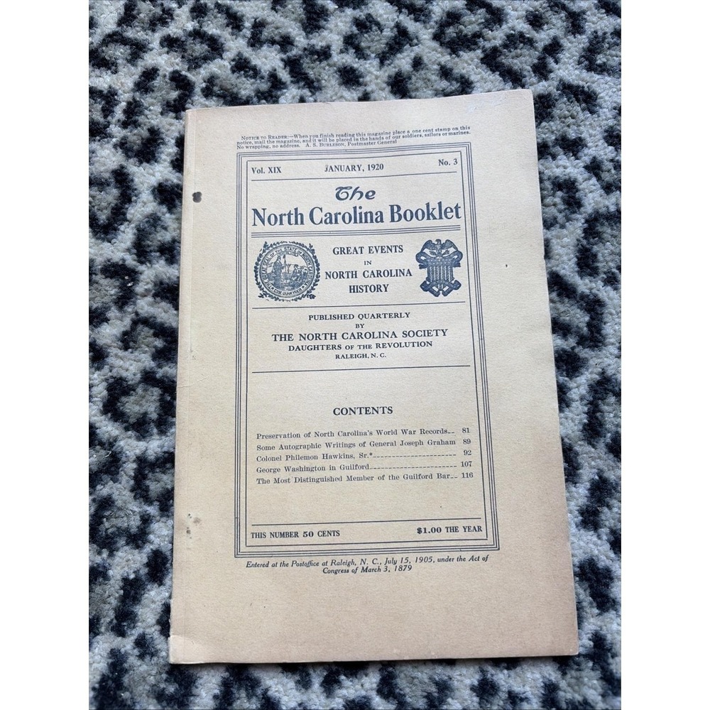 1920 North‎ Carolina Booklet Vol XIX No 3 DAR Raleigh NC History Antique